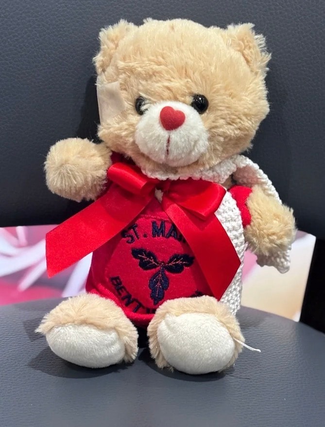 St. Mark's Bentley teddy bear with a red ribbon — a community keepsake